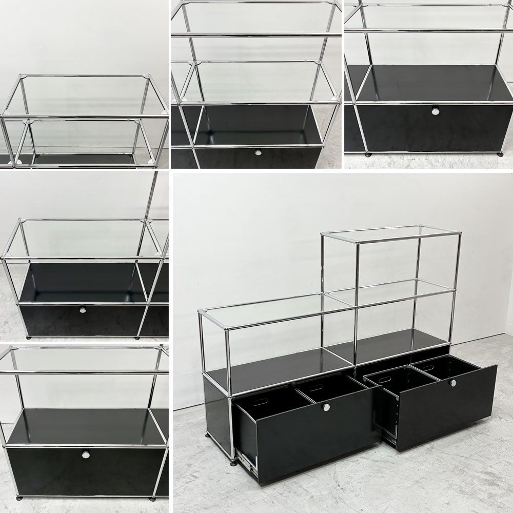ユーエスエムハラー USMハラー USM Haller キャビネット シェルフ 2列3段 階段状 オープンラック エクステンションドア グラファイトブラック W152 パスコボックス 4つ付属  ●