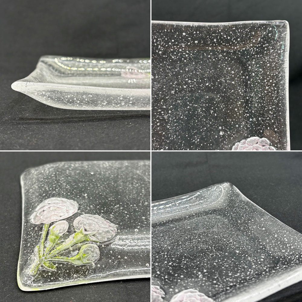 岡田多恵 ガラス 角皿 スクエアプレート パートドヴェール 花 14cm 現代作家 B ●