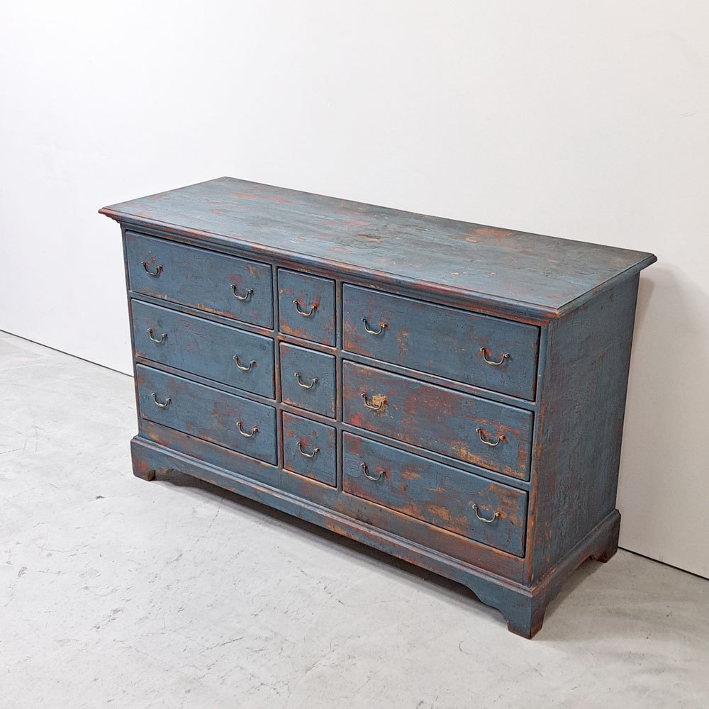 ヨーロピアンビンテージ European vintage ペインテッド ワイドチェスト 抽斗9杯 木製 クラシカル シャビーシック アンティーク ●