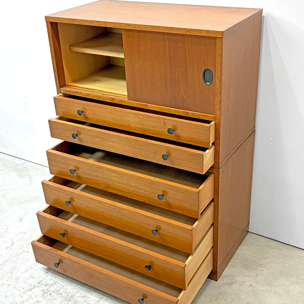 ビンテージ vintage チーク材 整理箪笥 チェスト 引き戸 抽斗 2段 北欧テイスト ●