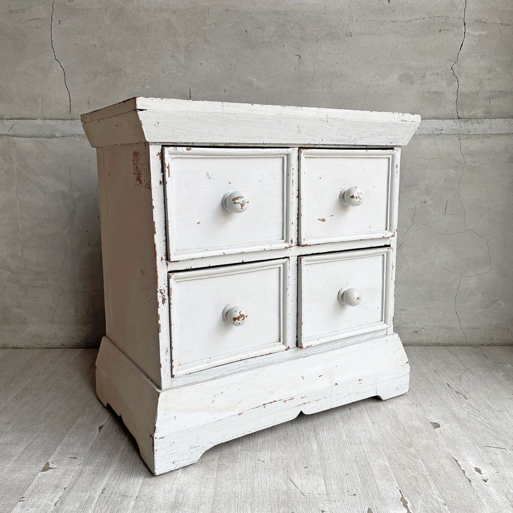 ビンテージ Vintage シャビーシック 4ドロワーズ ミニチェスト ホワイトペイント 木製 無垢材 ブロカント ラスティック 店舗什器 ♪