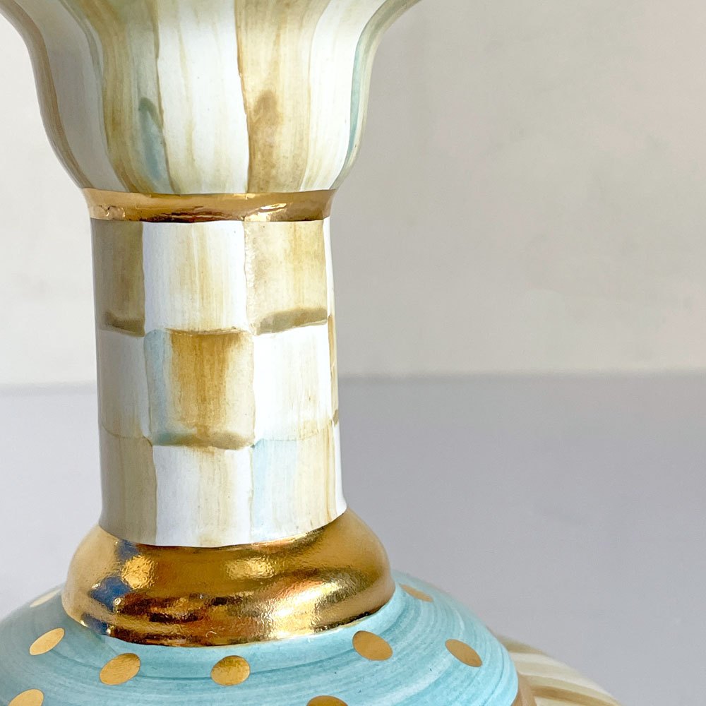 マッケンジーチャイルド Mackenzie-Child コートリーチェック柄 キャンドルホルダー Candlestick 金彩 陶器 アメリカ B ■