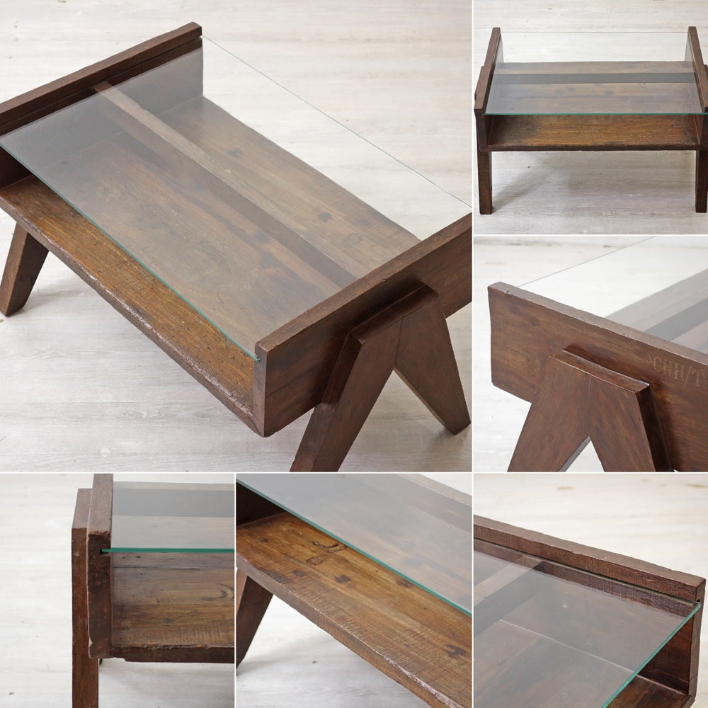 ピエールジャンヌレ Pierre Jeanneret コーヒーテーブル Coffee Table スモール チーク無垢材 ガラス チャンディーガル レター有 60‘s CHH/T57 ●