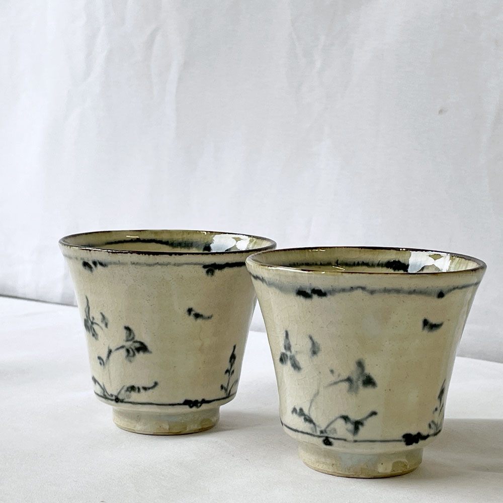 藤田佳三 染付小湯呑 カップ 2客セット 陶器 植物 花 現代作家 ◇