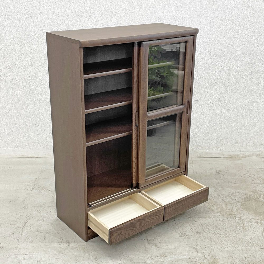 浜本工芸 No3600 書棚H 本棚 ミニキャビネット w85cm カフェオーク色 2ドロワー シンプルデザイン〓