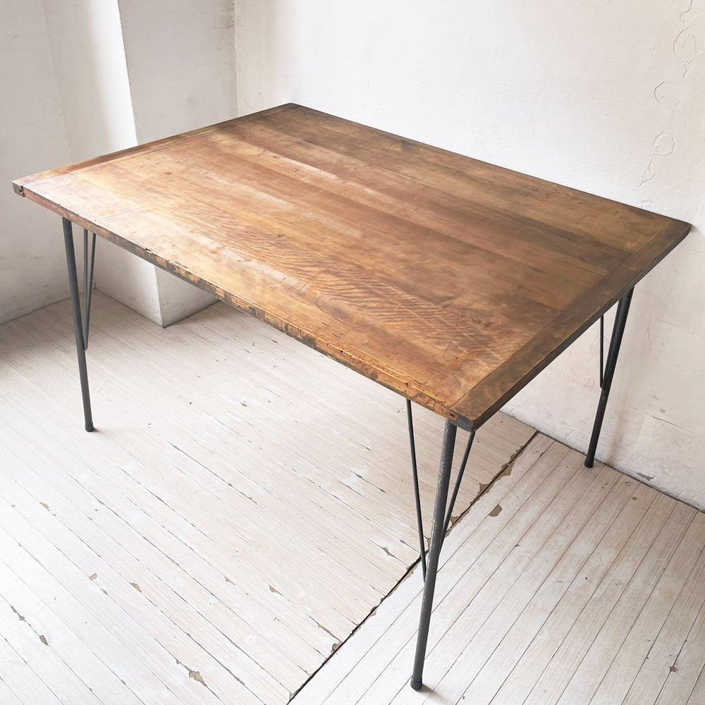 ジャパンビンテージ Japan Vintage 古い木味のダイニングテーブル 木製天板×古い鉄脚 リメイク家具 インダストリアルデザイン ★