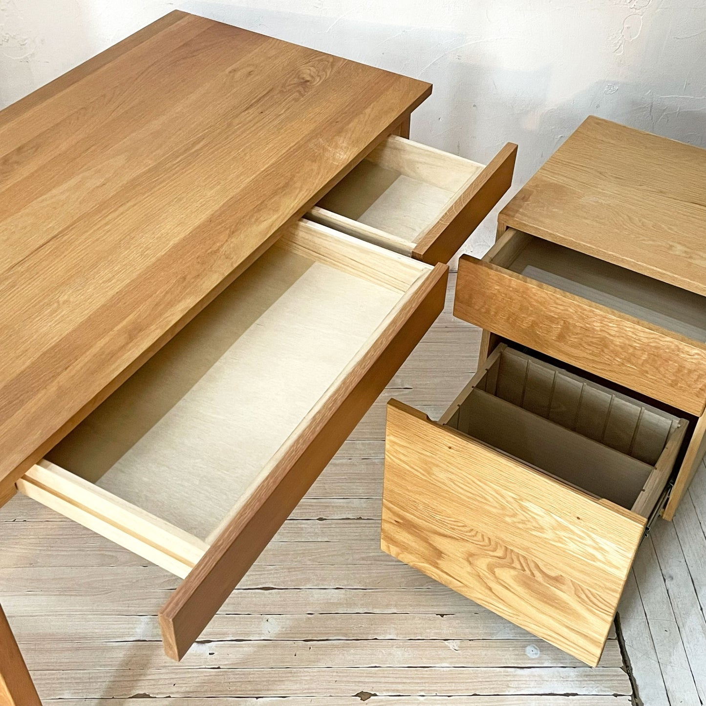 無印良品 MUJI オーク無垢材デスク デスクキャビネット ワイド引出2段 セット シンプルデザイン ★