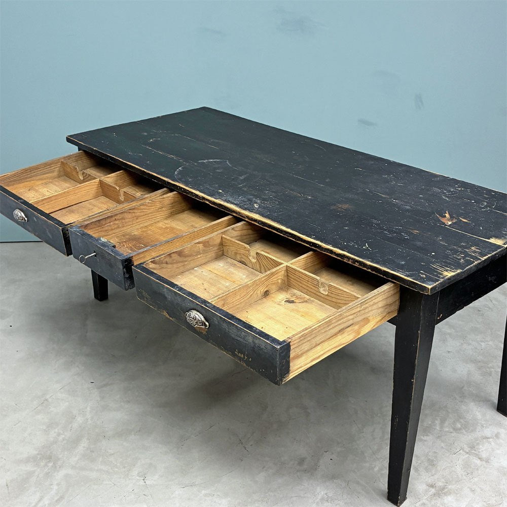 UKビンテージ UK Vintage ワークテーブル ダイニングテーブル 作業台 3ドロワー ブラックペイント W180cm 鍵付き 英国家具店舗什器 ◎