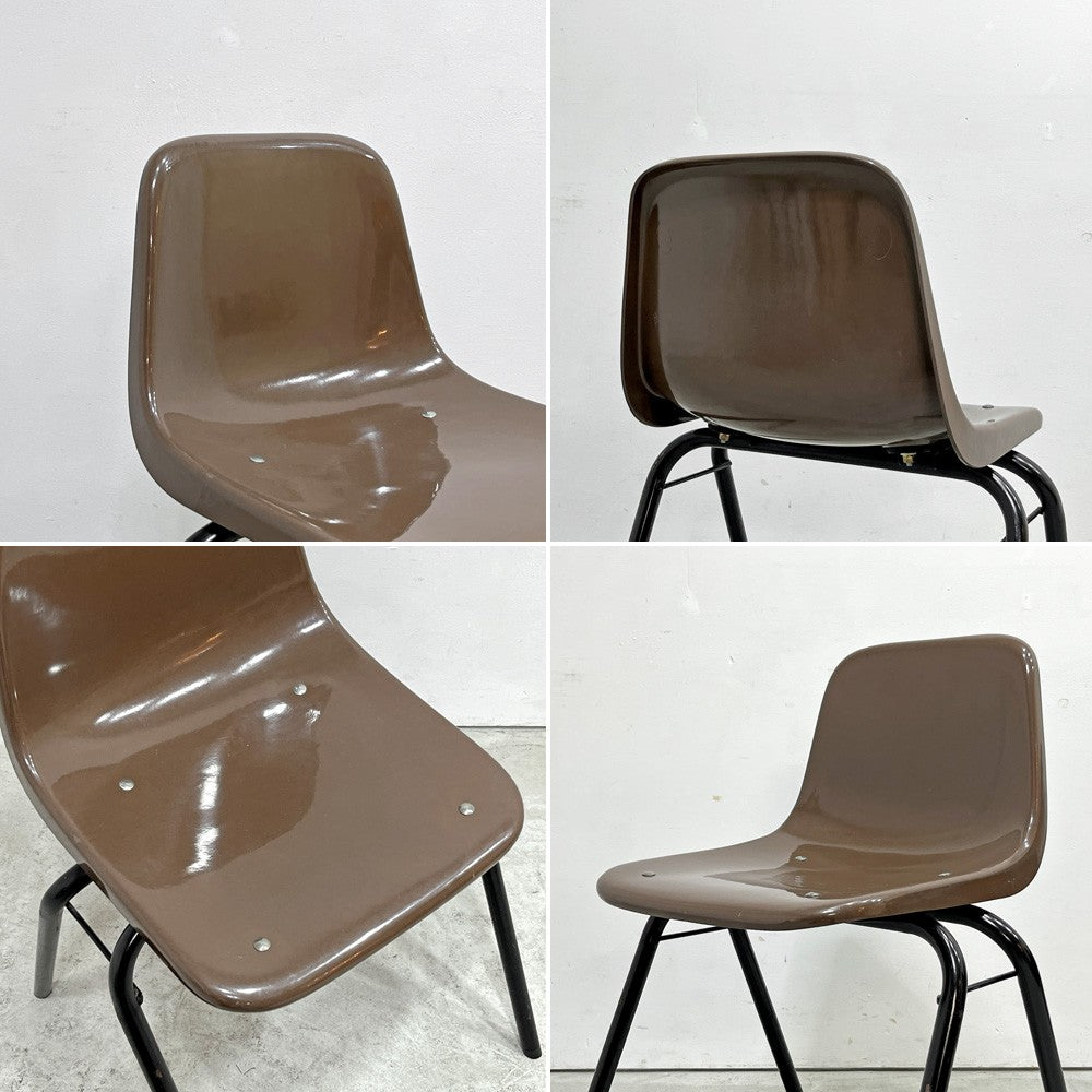 コトブキ KOTOBUKI スタッキングチェア FRP製 シェルチェア スチール脚 ブラウン 剣持勇デザイン ビンテージ ジャパニーズミッドセンチュリー E ●