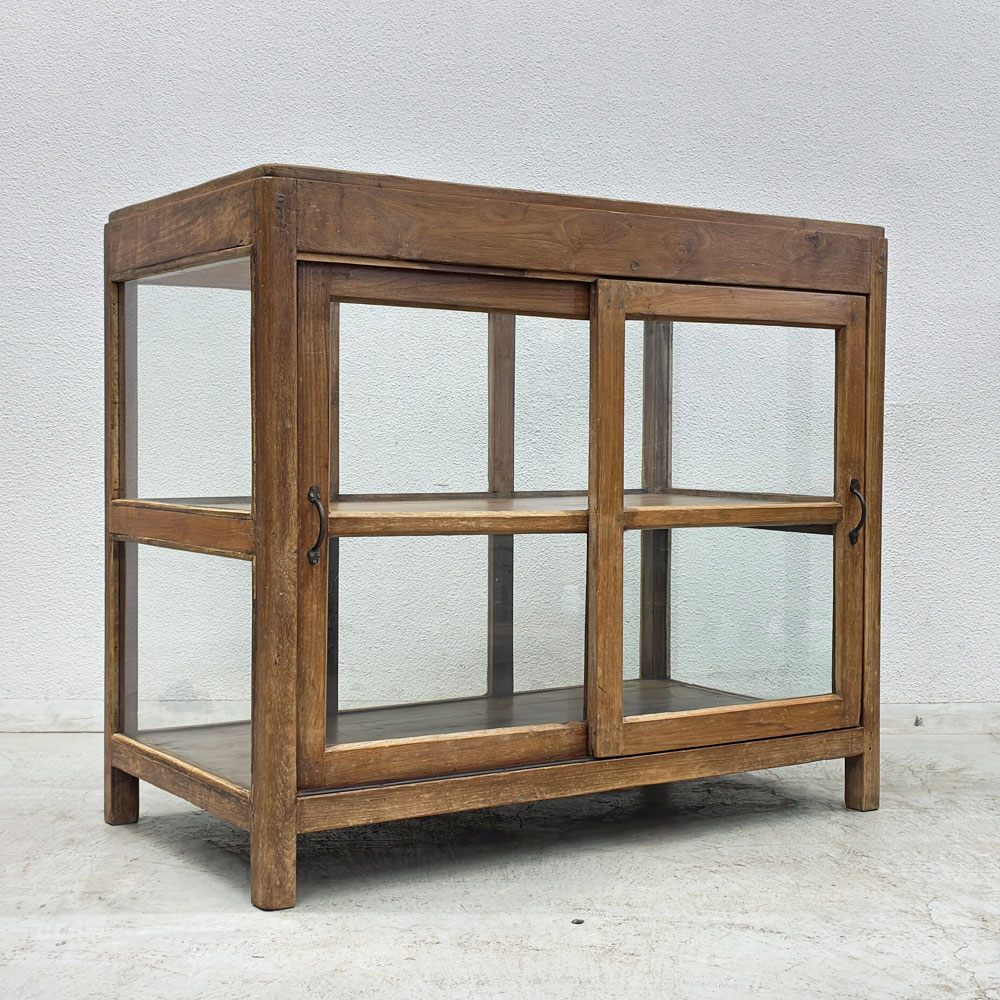 オールドメゾン old maison ガラスｘ木製 ショーケース 2段 飾り棚 引き戸 収納 ディスプレイ 店舗什器 ビンテージデザイン ●