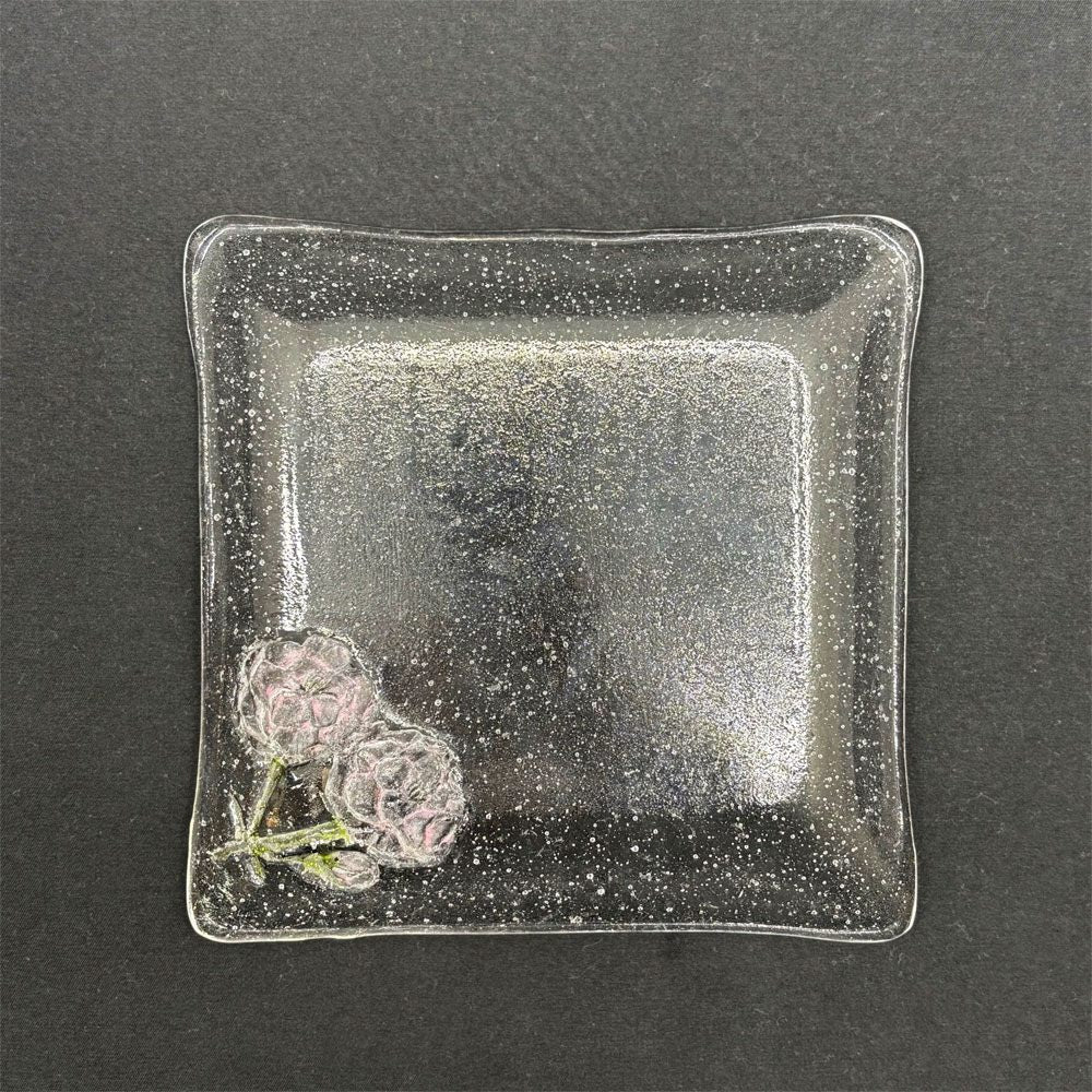 岡田多恵 ガラス 角皿 スクエアプレート パートドヴェール 花 14cm 現代作家 A ●