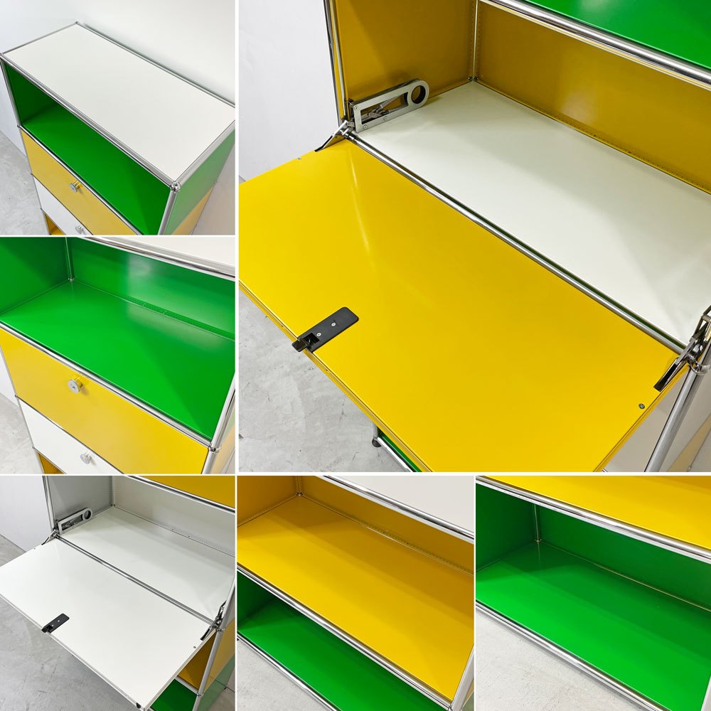 USMハラー USM Haller モジュラーファニチャー キャビネット シェルフ 1列5段 ドロップダウンドア×2 USMグリーン ゴールデンイエロー ピュアホワイト スイス 鍵付き ●