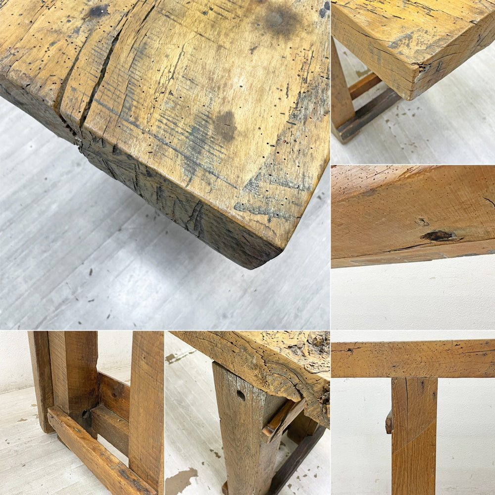 ビンテージ 古材 ディスプレイラック カウンターテーブル ワーク 作業台 照明+クランプ付き 万力台 店舗什器 W200cm ●