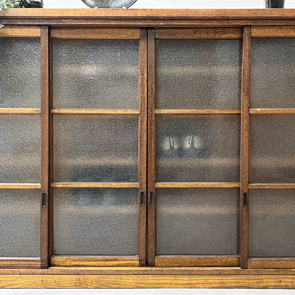 ジャパンビンテージ Japan vintage ダイヤガラス引戸 木製キャビネット 5段棚板 W171cm 古家具 レトロ ●