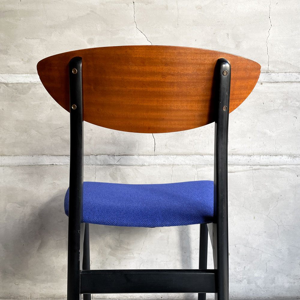 ネイサンファニチャー NATHAN Furniture  ダイニングチェア チークプライウッド ブラックフレーム ファブリック ブルー系カラー 英国 UKビンテージ 張り替え済み A ♪