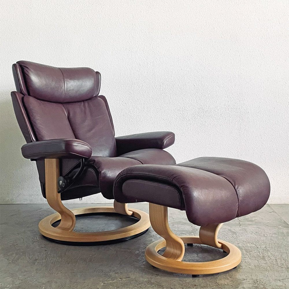 エコーネス EKORNES ストレスレス Stressless マジック Magic リクライニングチェア クラシックベース Mサイズ オットマン付き ボルドー系 〓