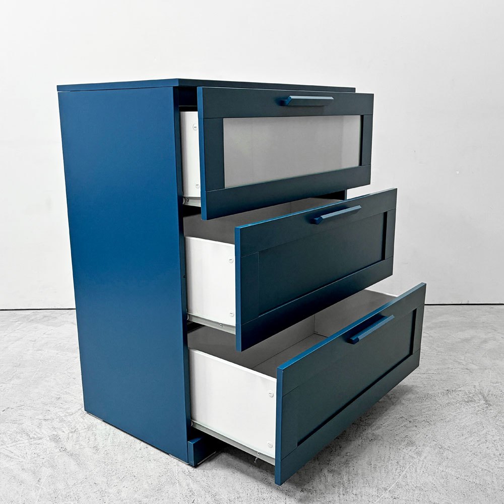 イケア IKEA ブリネス BRIMNES 3ドロワー チェスト 箪笥 ブルー系カラー 磨りガラス スウェーデン ●