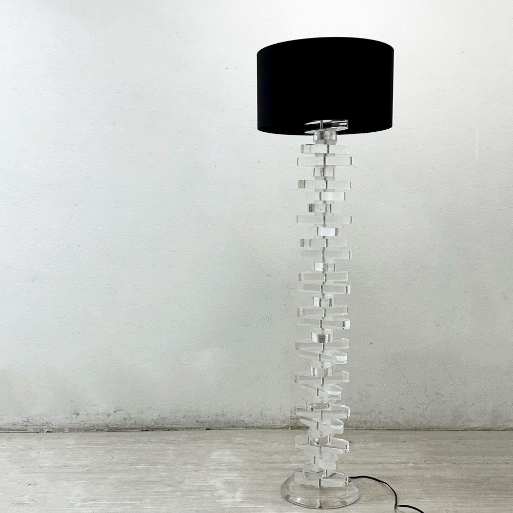 ビンテージ Vintage アクリル製 スパイラル フロアランプ スタンドライト 布シェード モダンデザイン ●