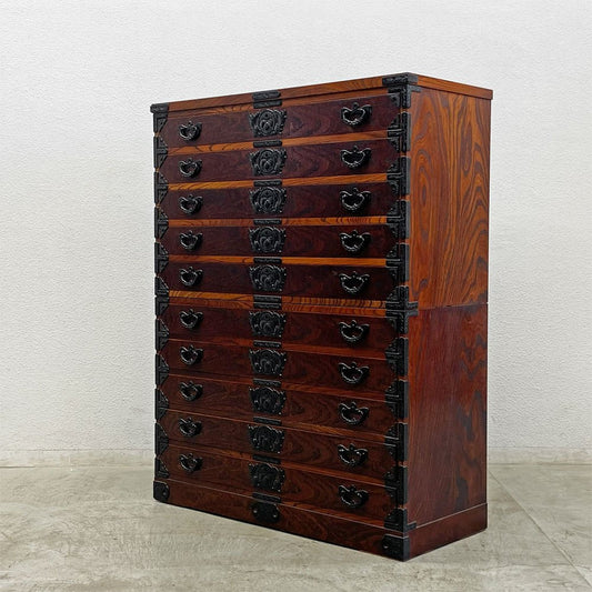 岩谷堂箪笥 重宝箪笥 整理箪笥 10段 チェスト 欅材 w105 h135cm 南部鉄器金具 桐紋様 伝統工芸 民芸家具 ◎