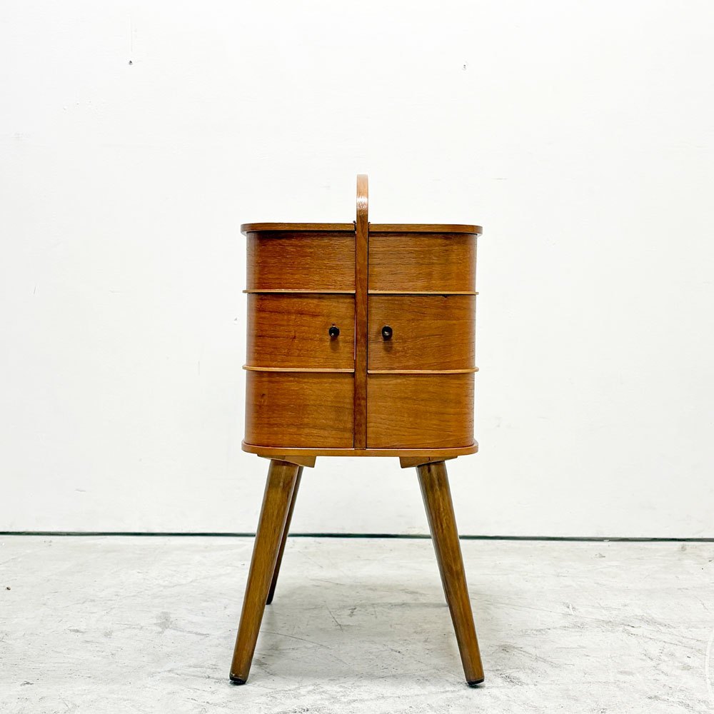 デンマークビンテージ Danish Vintage チーク材 ソーイングボックス 裁縫箱 3段 6杯 脚付 北欧家具 ●