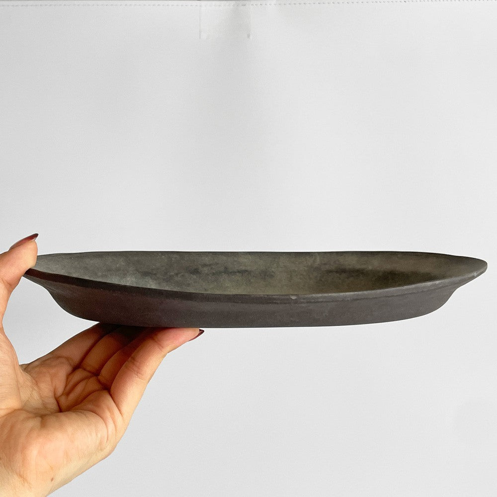 吉田次朗 オーバルプレート 楕円皿 リムプレート ホワイトグレー Lサイズ Φ26.5cm 陶器 現代作家 C ■