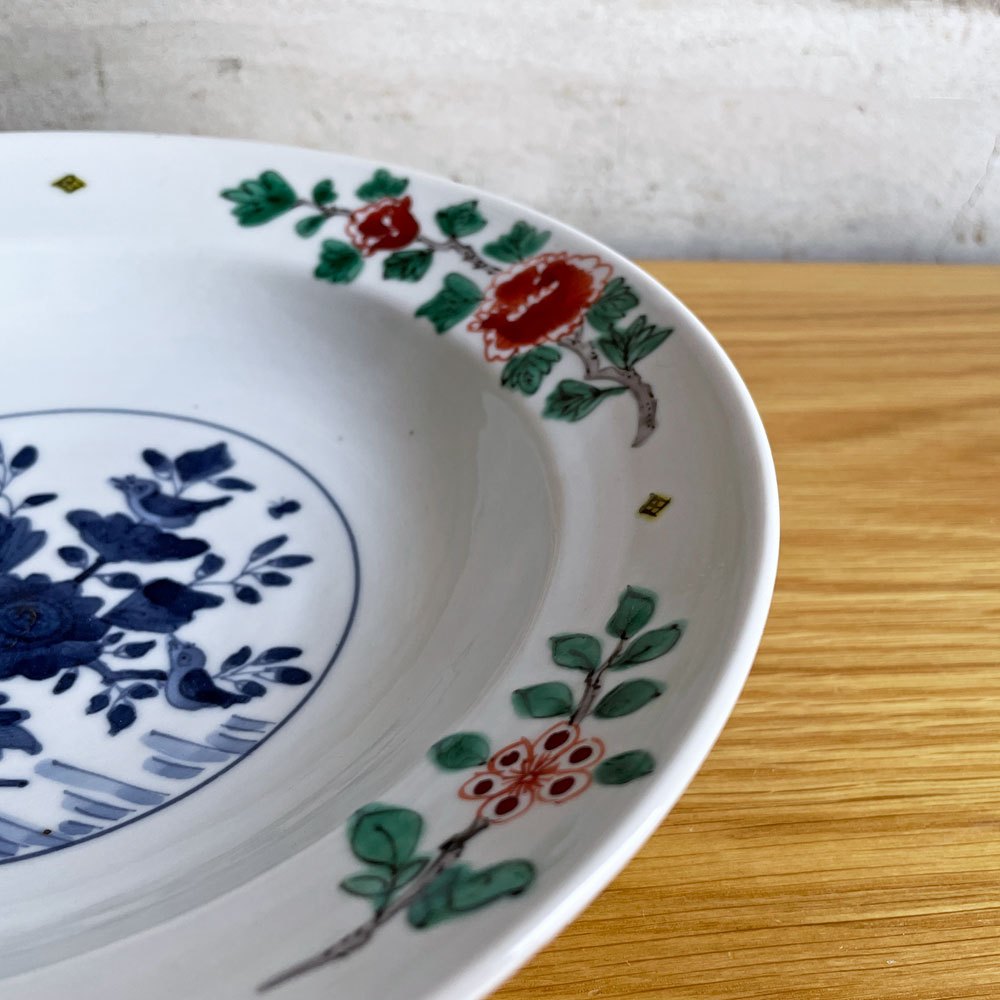 坂場圭十 色絵花柄 大鉢 直径約23.5cm 磁器 白磁 牡丹絵 現代作家 ♪