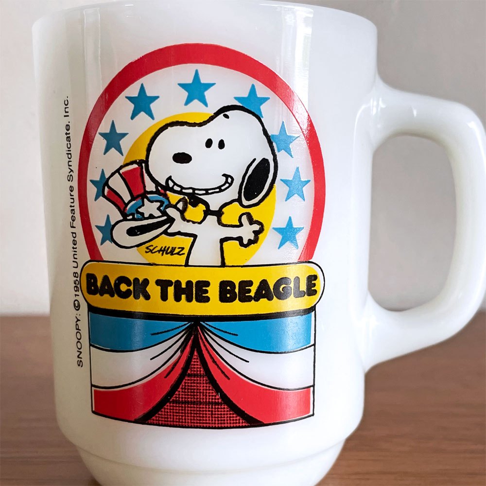 ファイヤーキング FIRE KING マグカップ スヌーピー エレクションシリーズ BACK THE BEAGLE ミルクガラス ホワイト US ビンテージ ■