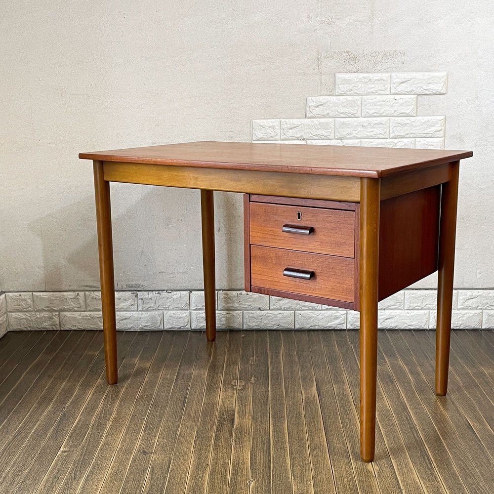 北欧ビンテージ Scandinavian Vintage チーク材 ビーチ材 デスク 片袖机 スライド式 デンマーク 北欧家具 鍵欠品 ◎