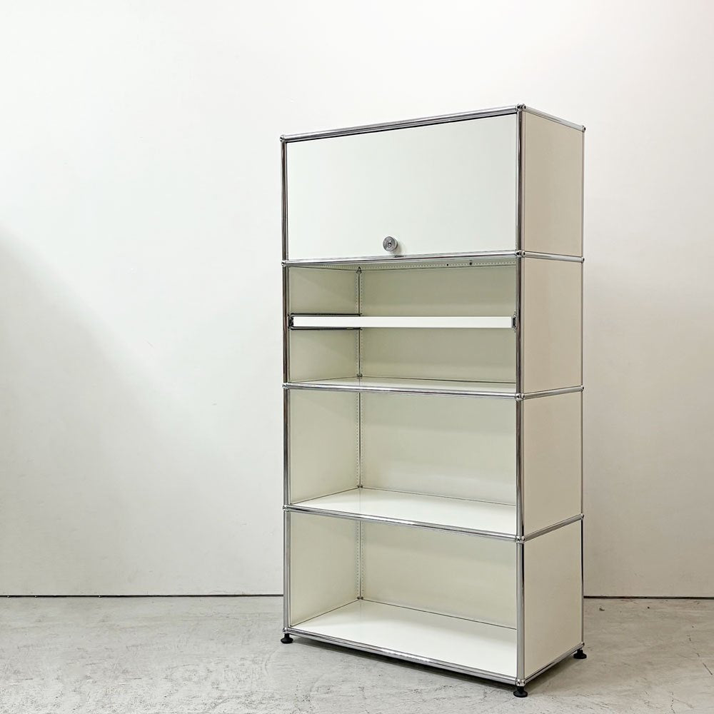 USMハラー USM Haller モジュラーファニチャー 1列4段 キャビネット エクステンションシェルフ フリップアップドア ピュアホワイト 鍵欠品 ●