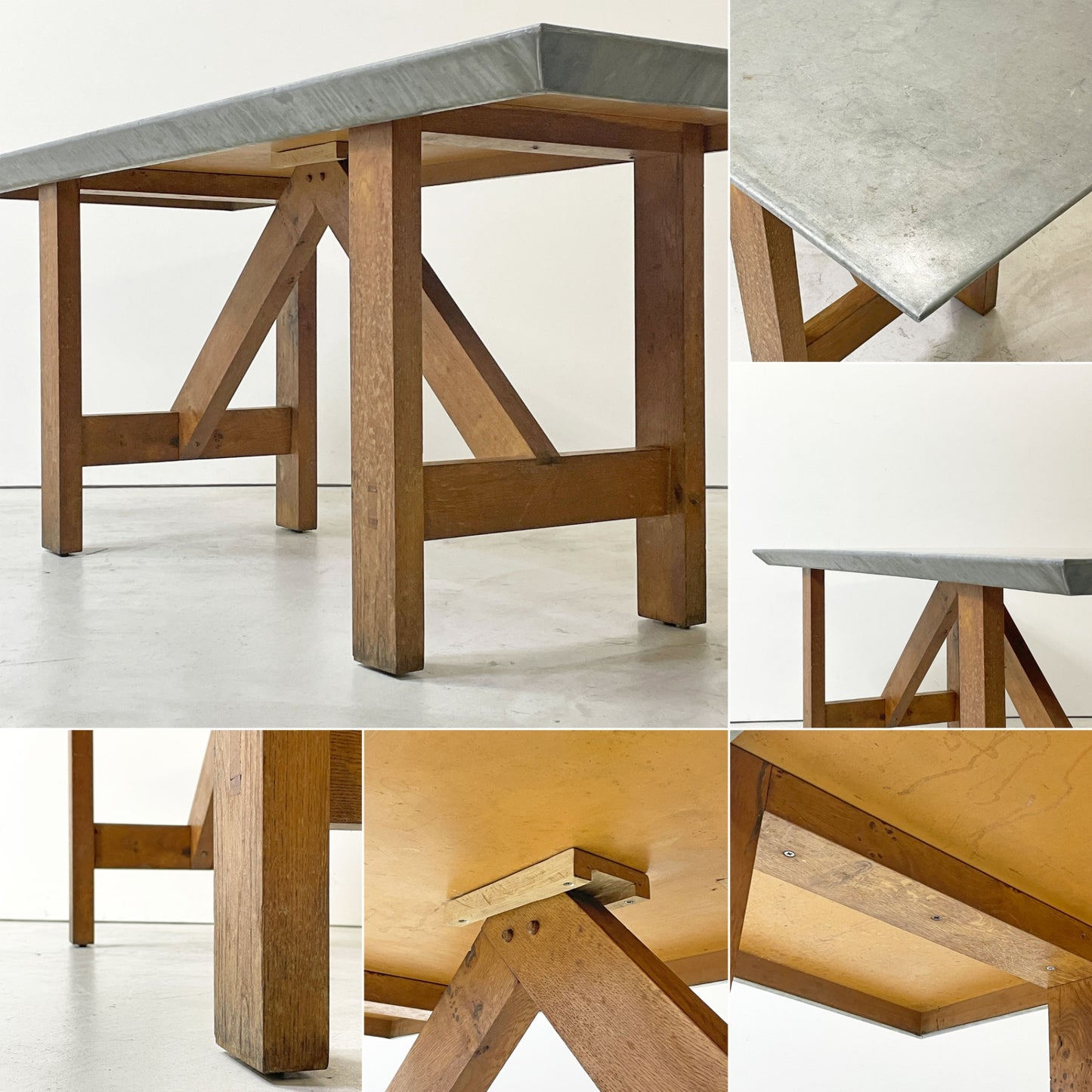 ヨーロッパビンテージ European vintage ジンクトップテーブル zinc top オーク材 ウッドベース リメイク ダイニングテーブル ワークテーブル w183cm ●