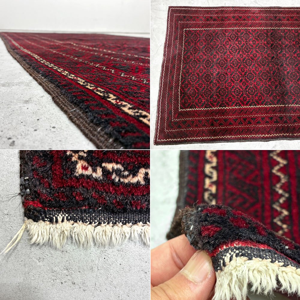 ビンテージ Vintage トルクメン トライバルラグ カーペット 絨毯 ワインレッド 213×125cm アンティーク調 ●