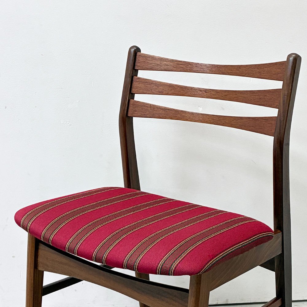 北欧ビンテージ Scandinabian Vintage チーク材 ダイニングチェア ラダーバック レッド系 ストライプ柄 北欧家具  ●