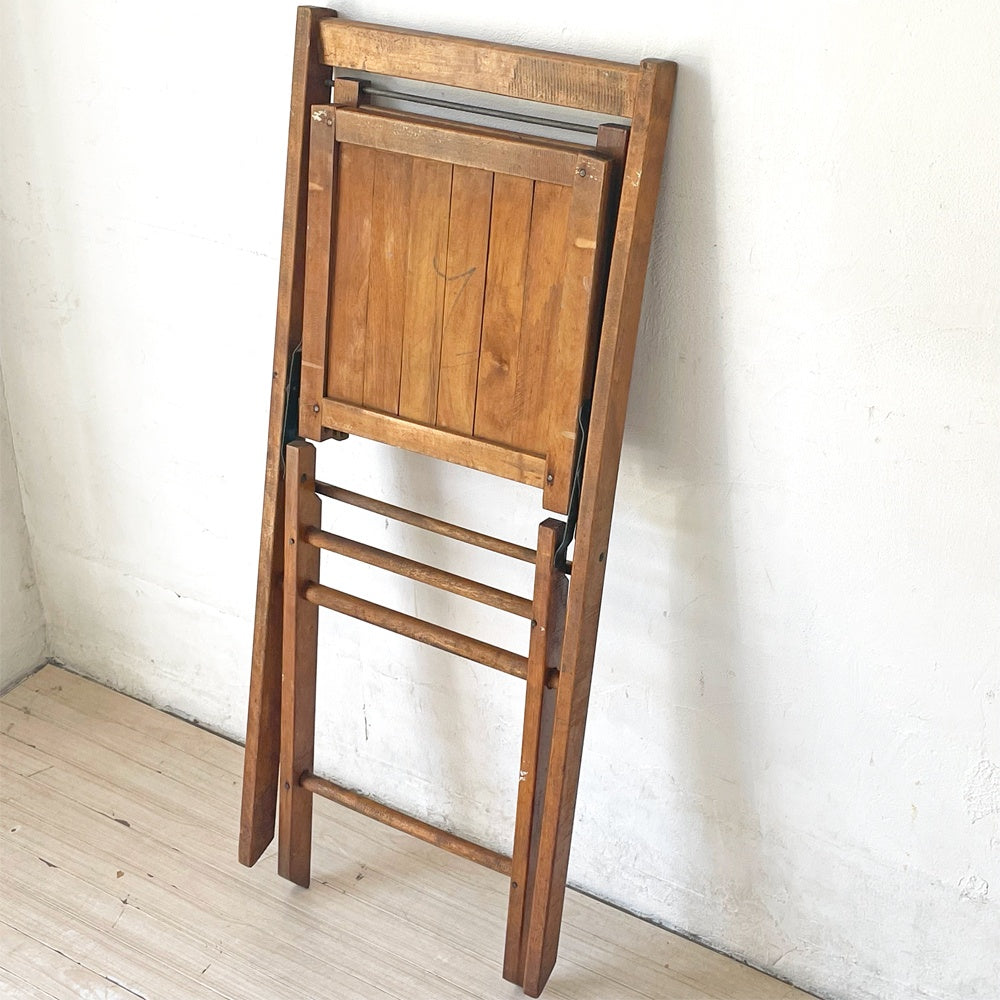 US ビンテージ スラットバック フォールディングチェア 折り畳み椅子 木味 カントリー アンティーク 米国 B ★