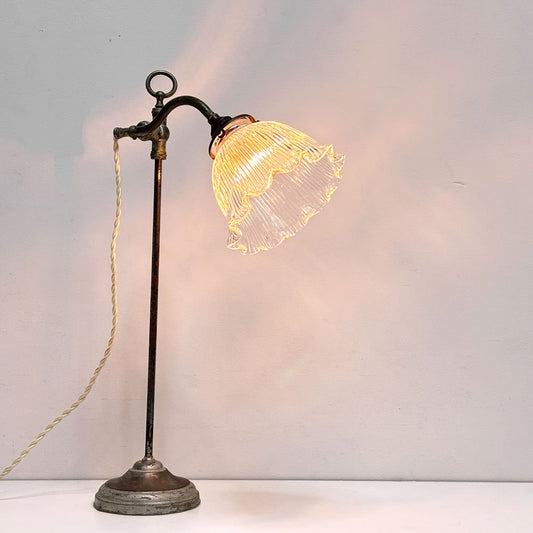 ビンテージ Vintage アンティーク テーブルライト 照明 ガラスシェード シルバー スチール 高さ調整可能●