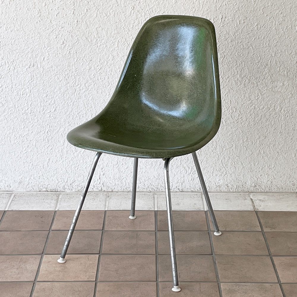 ハーマンミラー Herman Miller サイドシェルチェア ダイニングチェア 2nd FRP Hベース オリーブグリーンダーク イームズ ミッドセンチュリー ビンテージ 希少 A ◇
