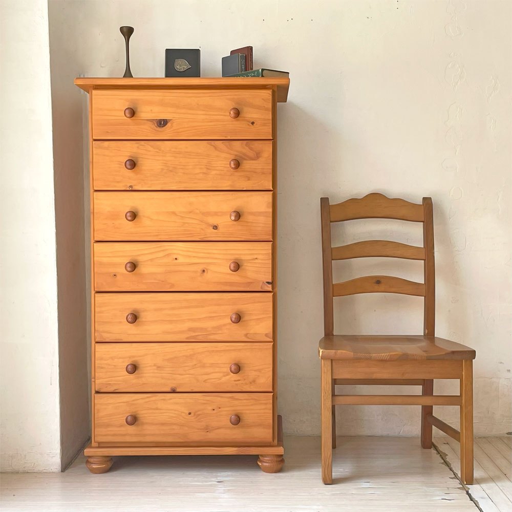 カントリースタイル パイン材 7段 ハイチェスト 7dr Pine Chest アンティーク調 収納家具 ロクロ脚  ★
