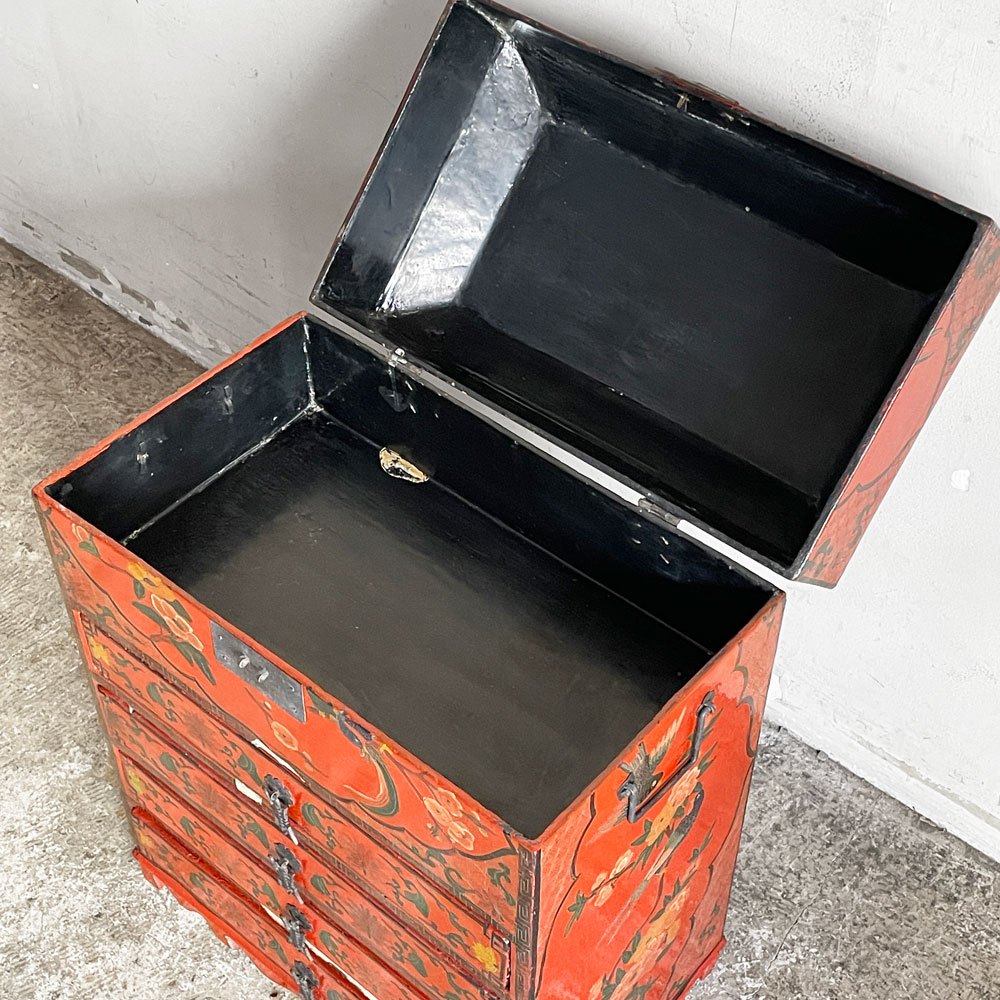 中国家具 箪笥 抽斗 収納箪笥 小引き出し ミニキャビネット ハンドペイント 朱漆 花鳥図 Ｈ60cm 錠前欠品 現状品 ■