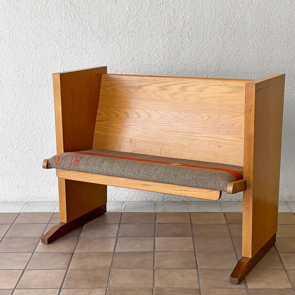 ビンテージ Vintage チャーチベンチ 教会椅子 オーク材 ファブリックシート ウール ブランケット ◇
