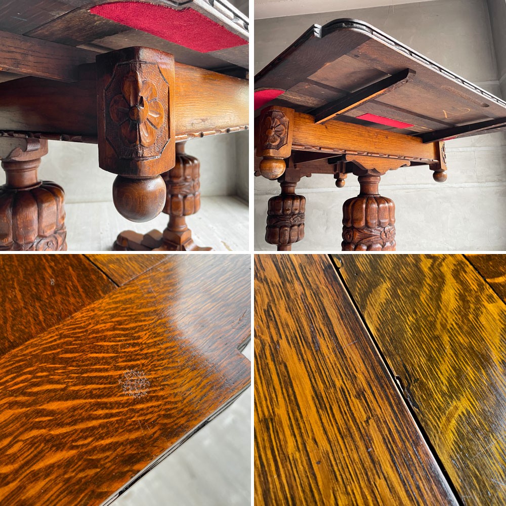 UKアンティーク ドローリーフテーブル ダイニングテーブル 伸長式 オーク材 ビッグバルボスレッグ 英国家具 ビンテージ ♪