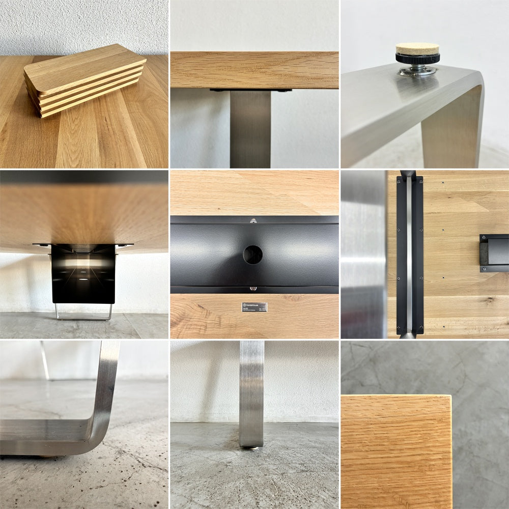 カンディハウス CONDE HOUSE スレッド ダイニング ソリッド テーブル SLED Dining Solid Table 無垢楢材天板 × 稀少 ステンレス脚 オーク W230×D100.5cm オフィスデスク ミーティングテーブル 参考価格合計￥733,700以上の品 状態良好  〓