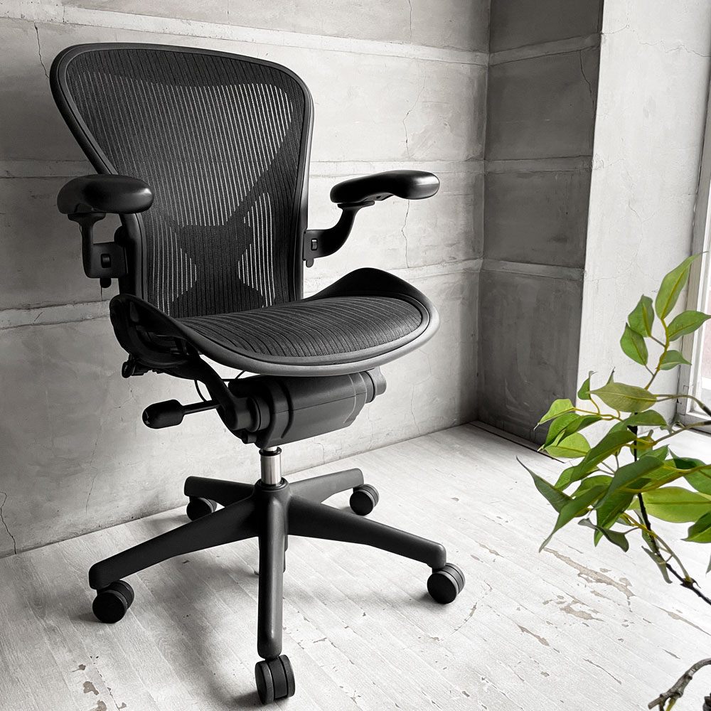 ハーマンミラー Herman Miller アーロンチェア Bサイズ ポスチャーフィット フル装備 クラシックカーボンメッシュ グラファイトベース ビル・スタンフ ＆ ドン・チャドウィック バナナクッション新品 ♪