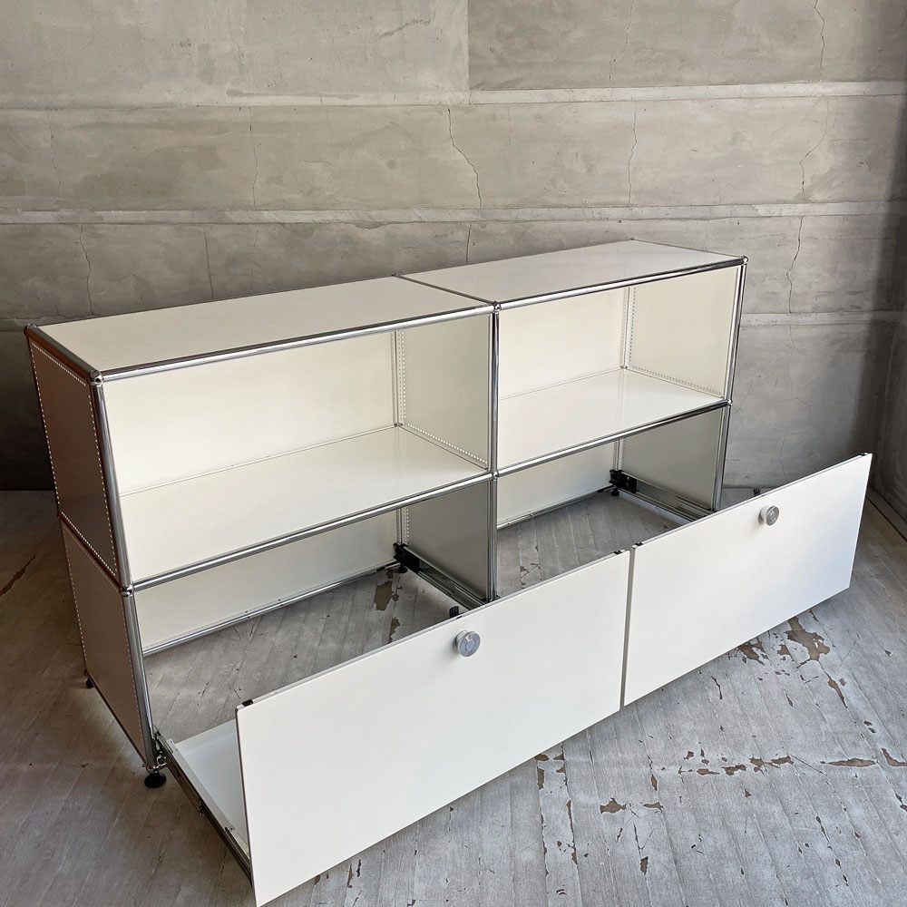 ユーエスエムハラー USMハラー USM Haller モジュラーファニチャー キャビネット シェルフ 2列2段 エクステンションドア×2 ピュアホワイト アジャスター付 スイス ♪