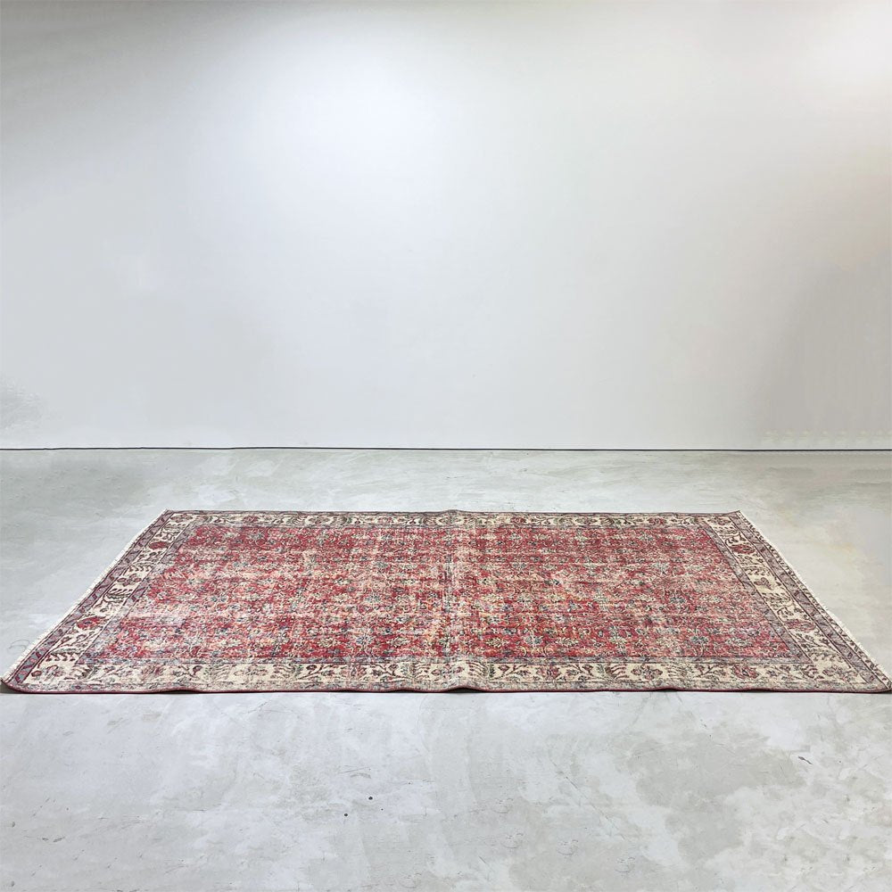 ビンテージ vintage トルコ製 手織り キリムラグ ランナー カーペット 絨毯 270x158cm レッド系 ボヘミアン柄 ●