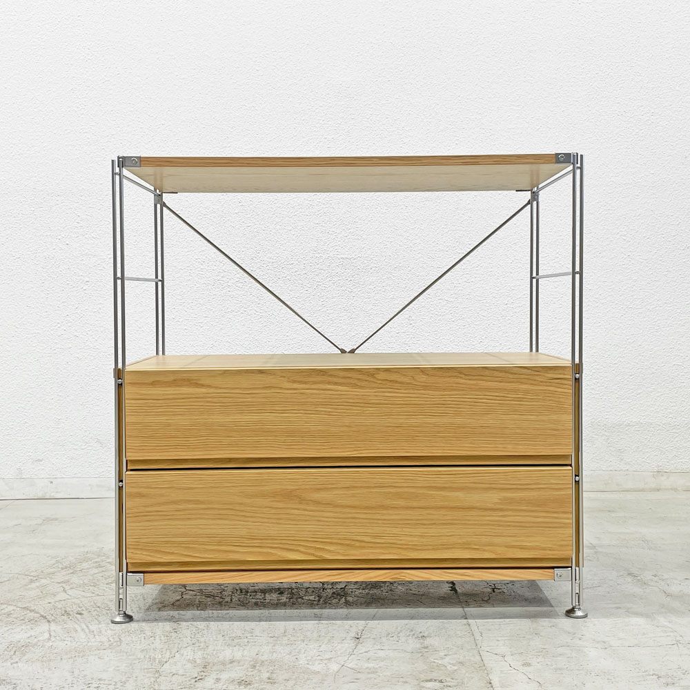 無印良品 MUJI ステンレスユニットシェルフ オープンシェルフ オーク材 抽斗2杯ボックス付 シンプルデザイン 定価約48,650円 〓