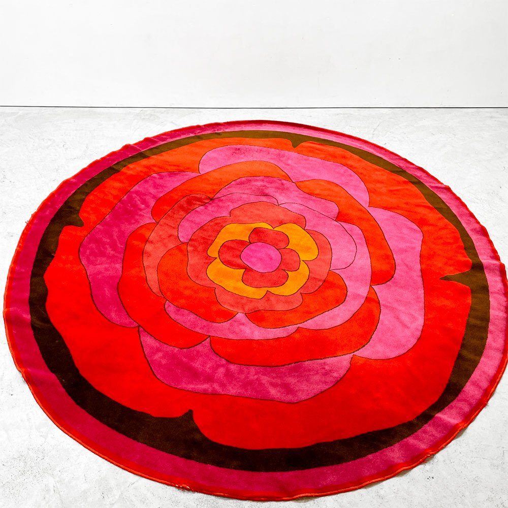 デッソ DESSO ビンテージラグマット Round flower ラウンド  Φ250 バラ フラワー 60～70'S ポップ フランス ●