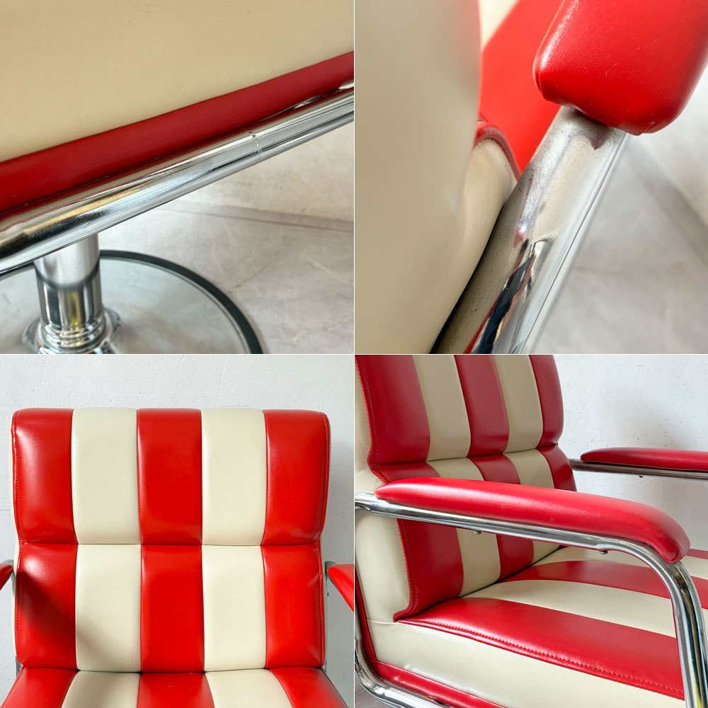 ビンテージ Vintage バーバーチェア barber chair スタイリング チェア 理美容椅子 ストライプ柄 レトロデザイン 回転式高さ調整可能 ★