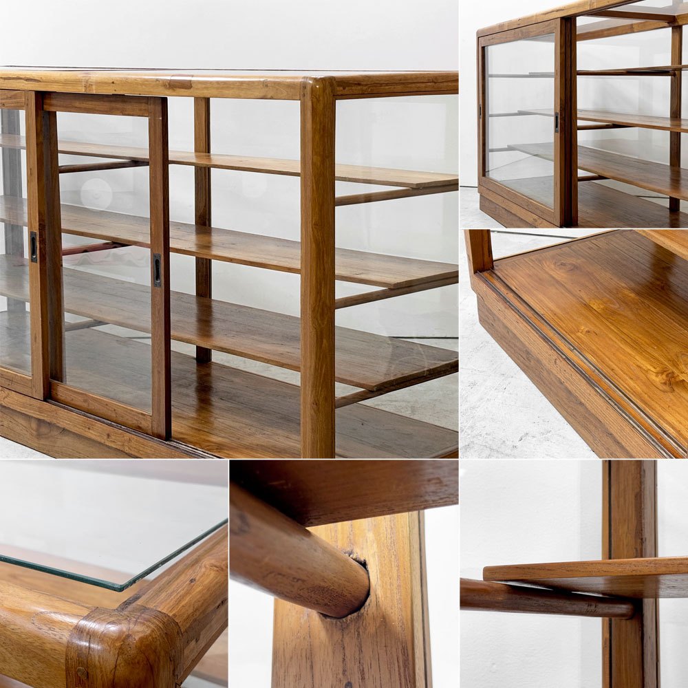 オーダーファニチャー Custom made furniture チーク無垢材フレーム ガラスショーケース 引き戸 W200cm サイドボード 飾り棚 インドネシア 特注品 店舗什器 ●