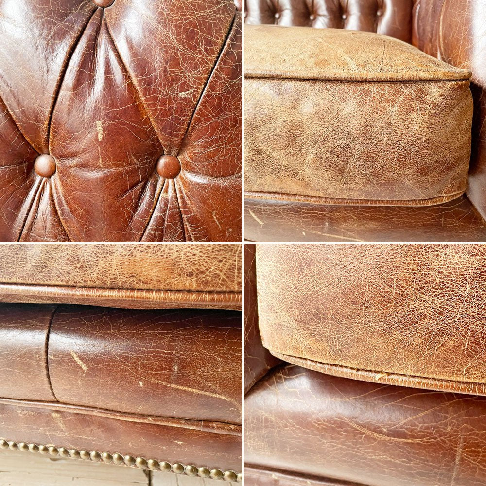 UKビンテージ チェスターフィールド 2シーターソファ ラブソファ 本革 鋲打ち スタッズ 英国家具 ★