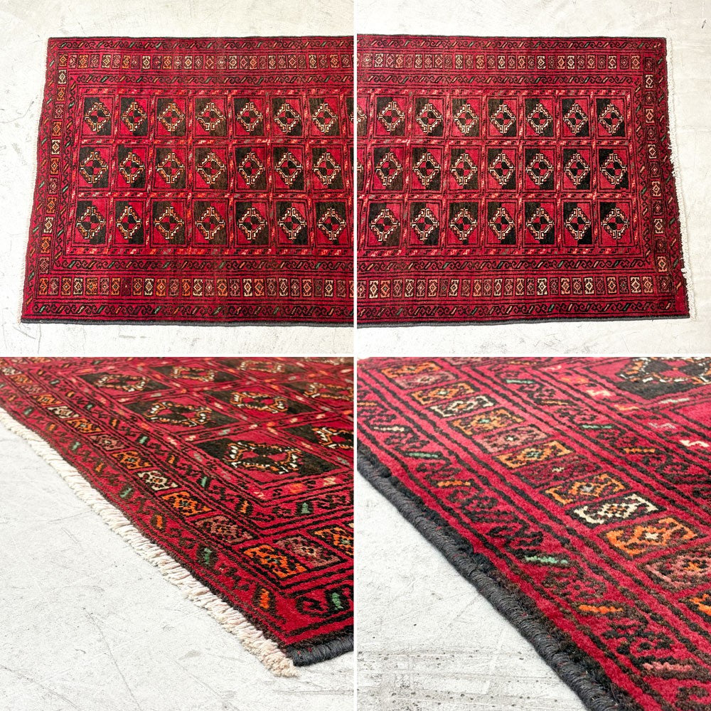 ビンテージ Vintage ビンテージラグ トライバルラグ レッド系 185×110cm メムリングギュル文様 幾何学模様 イラン トルクメニスタン バルーチ族 ●