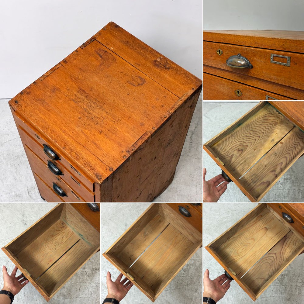 ビンテージ Vintage 木製 4ドロワーチェスト キャビネット 抽斗4杯 ハンドメイド クラフト家具 ●
